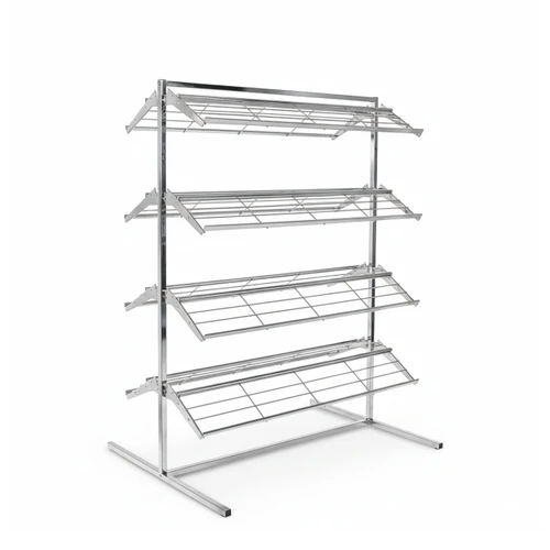 Chrome floor rack with four angled wire shelves per side on a T-shaped base, empty front view