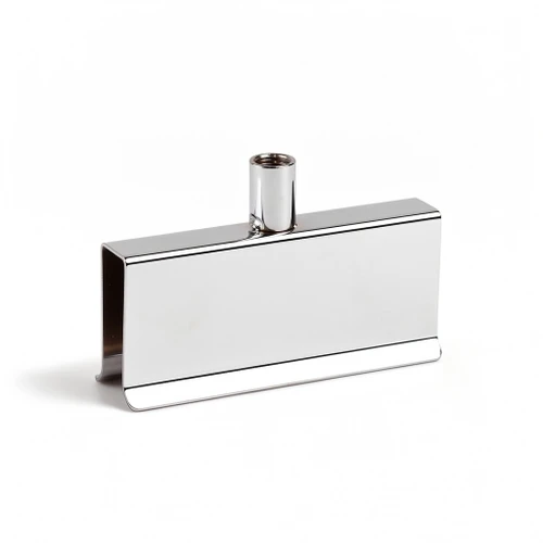 Polished chrome clamp with rectangular channel jaw and threaded top socket for mounting sign stems to tubing