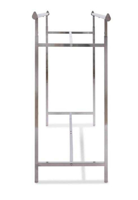 Front view of double rail chrome garment rack for rent – adjustable height and collapsible frame. Front view of double rail chrome garment rack for rent – adjustable height and collapsible frame.