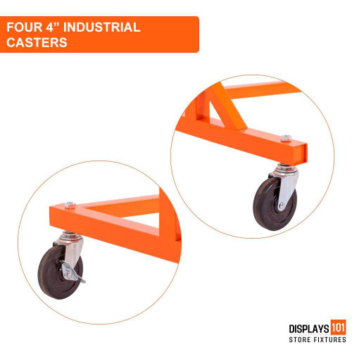 Close-up of orange Z rack base with 4-inch industrial swivel casters for smooth mobility Close-up of orange Z rack base with 4-inch industrial swivel casters for smooth mobility