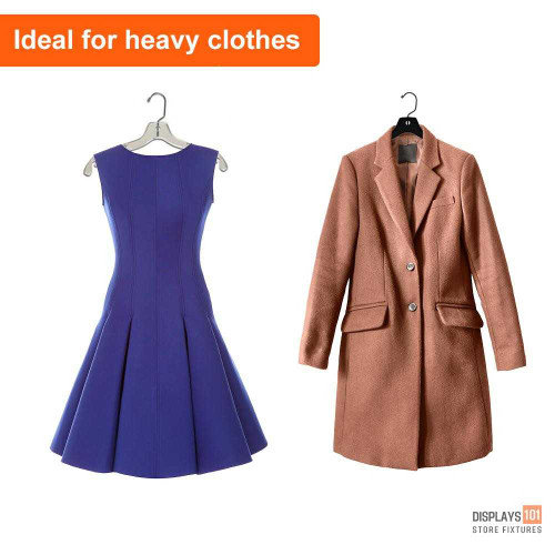 Heavy-duty plastic hangers holding a formal dress and a wool coat – ideal for rental use at fashion events or retail displays Heavy-duty plastic hangers holding a formal dress and a wool coat – ideal for rental use at fashion events or retail displays