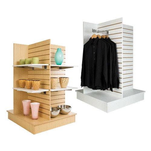 4-Way Freestanding Slatwall Display Rack in Black Finish for Retail or Event Rental 4-Way Freestanding Slatwall Display Rack in Black Finish for Retail or Event Rental