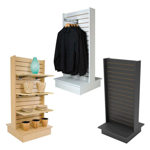 2-way slatwall display stand in white finish, double-sided retail fixture for event rentals in Los Angeles and Orange County 2-way slatwall display stand in white finish, double-sided retail fixture for event rentals in Los Angeles and Orange County