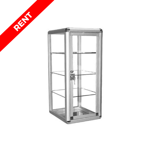 Front view of 14-inch lockable glass tower display case for rent, ideal for event and retail use Front view of 14-inch lockable glass tower display case for rent, ideal for event and retail use
