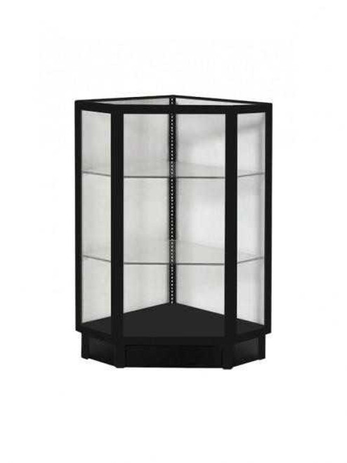 Black corner display case for rental – lockable glass showcase with adjustable shelves for secure product presentation Black corner display case for rental – lockable glass showcase with adjustable shelves for secure product presentation