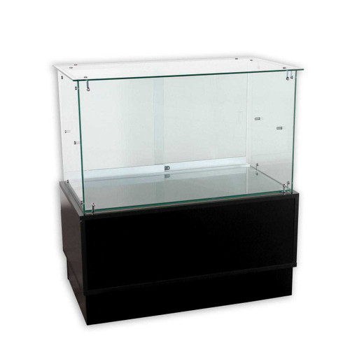 Frameless 36-inch half vision glass display case for rent – front view with black base and glass top Frameless 36-inch half vision glass display case for rent – front view with black base and glass top