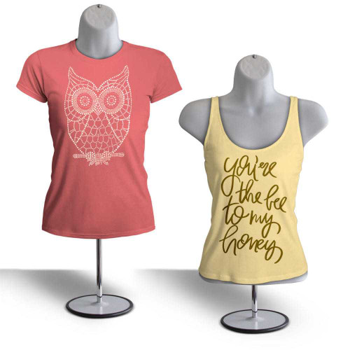 Two white female mannequin torsos on metal bases, each modeling printed t-shirts Two white female mannequin torsos on metal bases, each modeling printed t-shirts