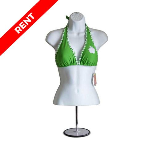 White female mannequin torso modeling green bikini top, front view White female mannequin torso modeling green bikini top, front view