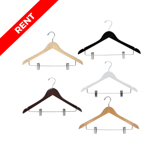 Assorted 17-inch wood suit hangers with clips in multiple finishes including natural, black, white, dark brown, and light wood Assorted 17-inch wood suit hangers with clips in multiple finishes including natural, black, white, dark brown, and light wood