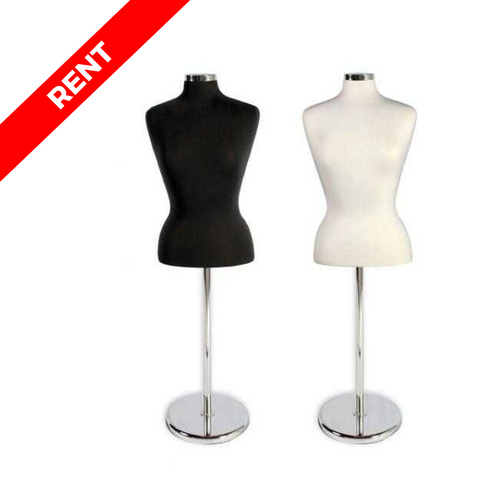 Black and white female dress form rentals with adjustable height and chrome bases