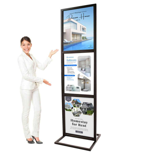 Black Triple Metal Floor Stand Sign Holder Rental RS-TBUB Black Triple Metal Floor Stand Sign Holder Rental RS-TBUB