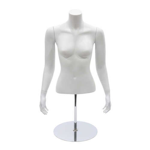 Headless white female torso mannequin with arms on a chrome stand and round base.
