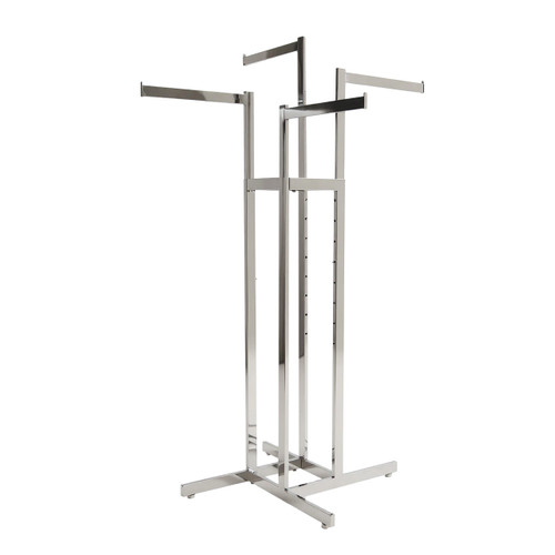 Chrome 4-way clothing rack with four straight rectangular-tube arms on an adjustable stand.
