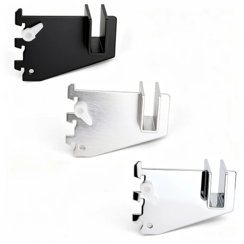 Three rectangular tube hangrail brackets in black, satin, and chrome with slotted tabs and white locking pins for 1-inch