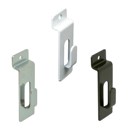 Three flat metal slatwall hooks in chrome, white and black, each with a picture notch slot and slatwall insert tab