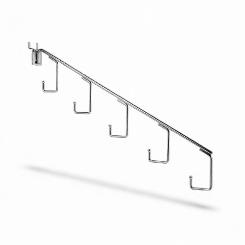 Chrome wire waterfall arm with 5 stepped ball-tip hooks and pegboard mount clip, angled side view