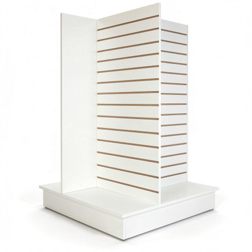 White four-sided slatwall tower on square base, horizontal grooves with brown insert channels on all panels