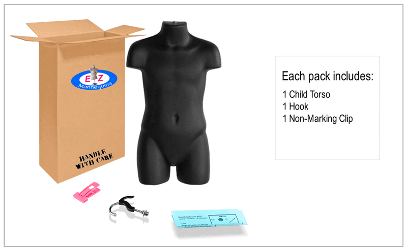 Box contents: black child torso mannequin, double hook and clips