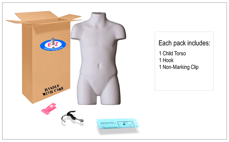 Box contents: white child torso mannequin, double hook and clips