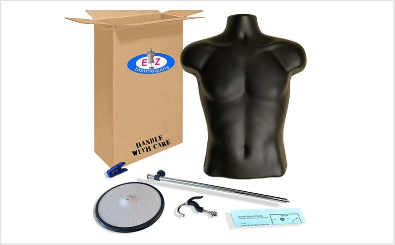Box contents: black male torso mannequin, metal base, adjustable pole, double hook and clips