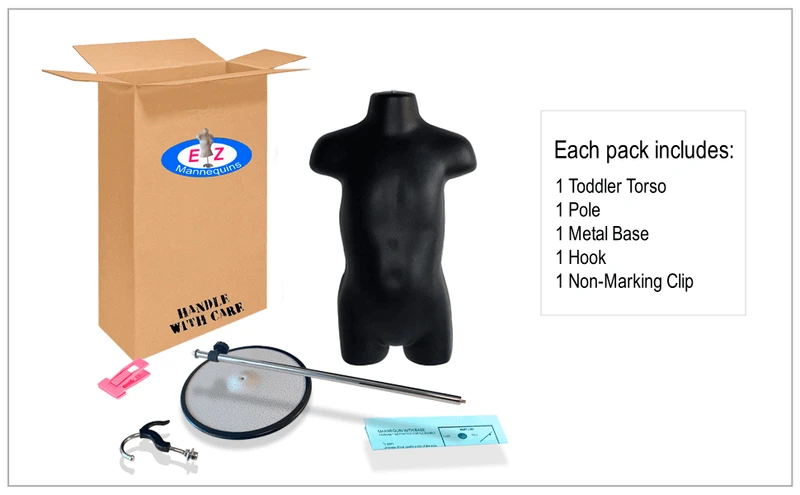 Box contents: black toddler torso mannequin, metal base, adjustable pole, double hook and clips
