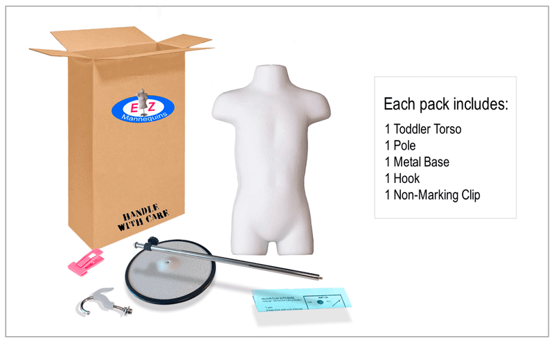 Box contents: white toddler torso mannequin, metal base, adjustable pole, double hook and clips