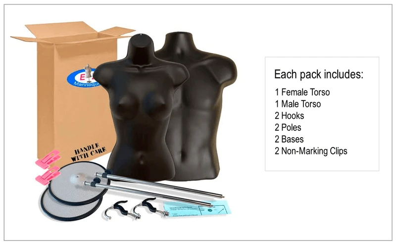 Box contents: black male and female torso mannequins, two metal bases with adjustable poles, hooks and clips