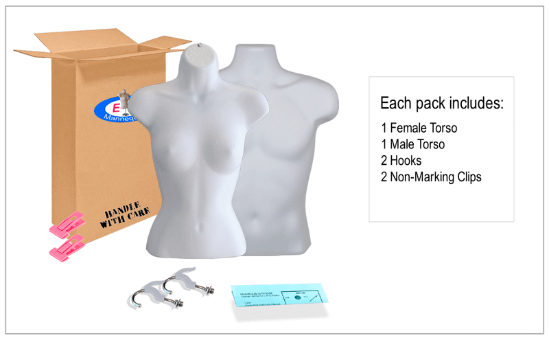 Box contents: white male torso mannequin, white female torso mannequin and two double hooks