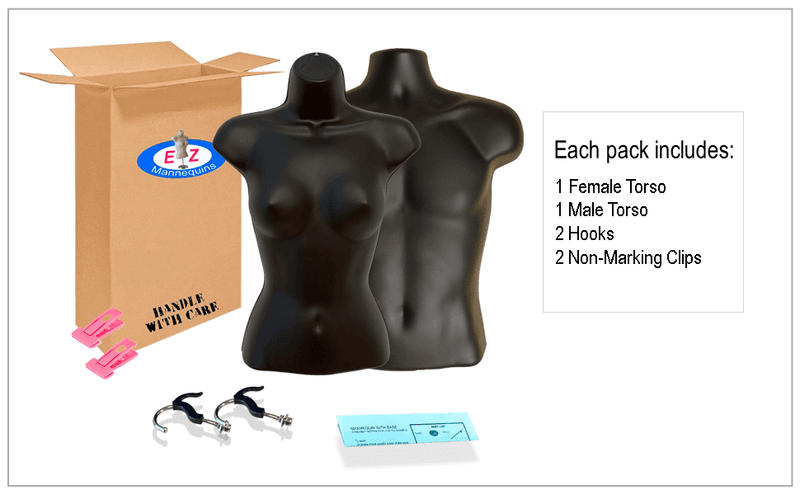 Box contents: black male and female torso mannequins with double hooks and clips