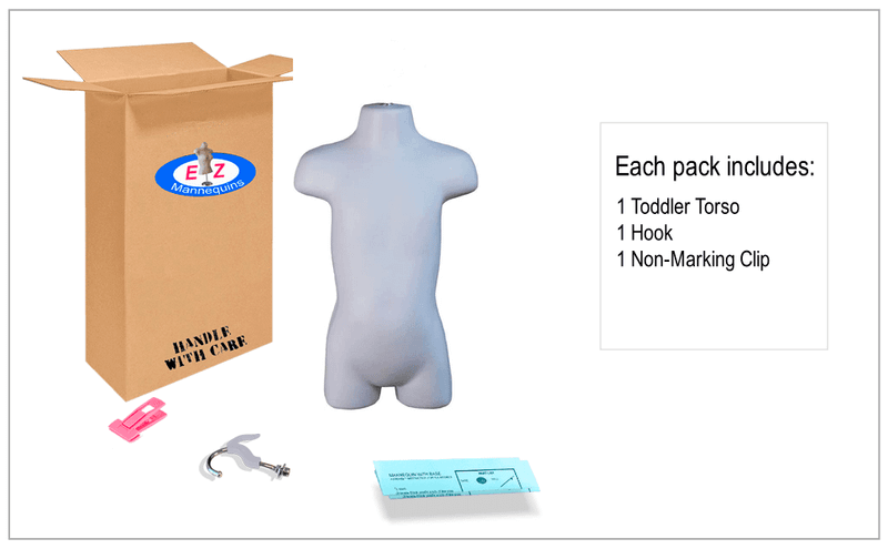 Box contents: white toddler torso mannequin, double hook and clips
