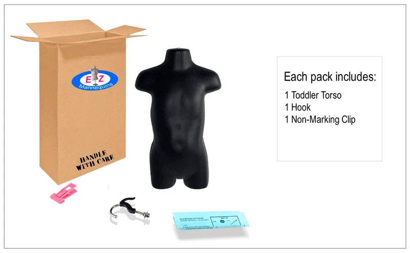 Box contents: black toddler torso mannequin, double hook and clips