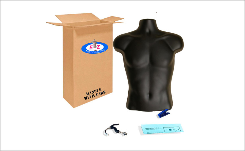 Box contents: black male torso mannequin body with double hook and clip