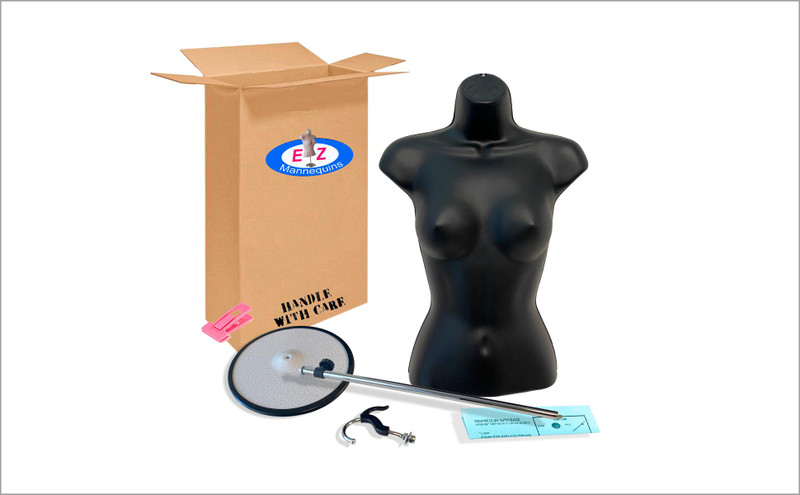Box contents: black female torso mannequin, metal base, adjustable pole, double hook and clip