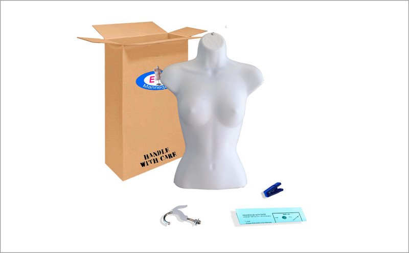 Box contents: white female torso mannequin body with double hook and clip