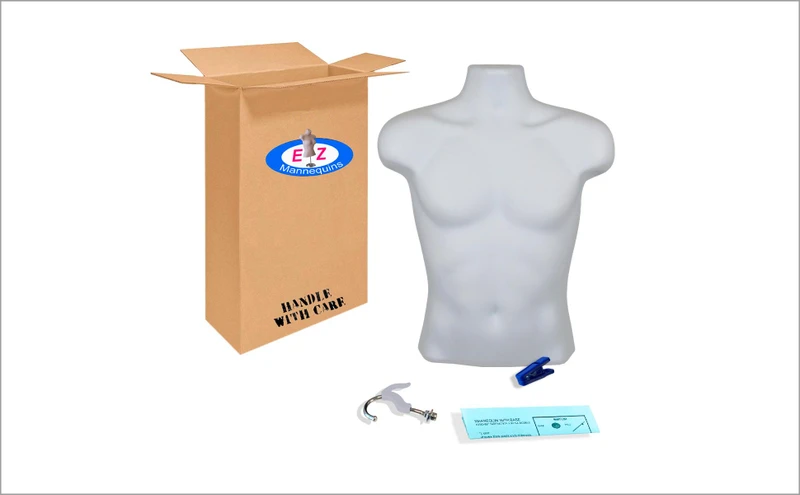 Box contents: white male torso mannequin body with double hook and clip