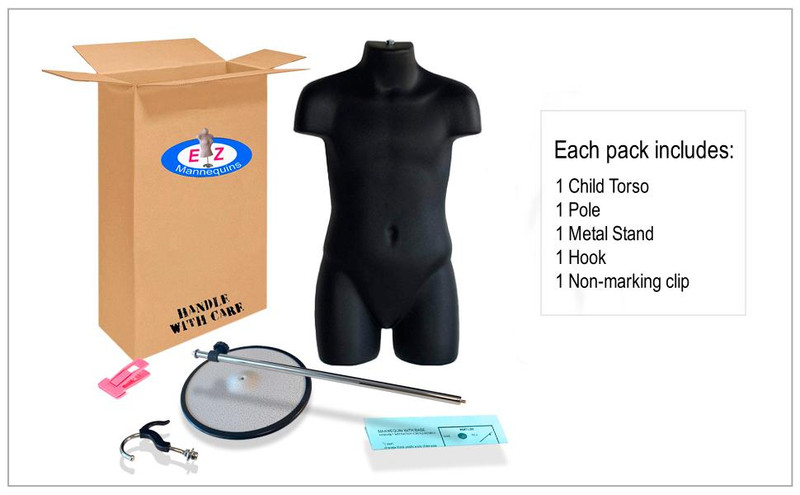Box contents: black child torso mannequin, metal base, adjustable pole, double hook and clips
