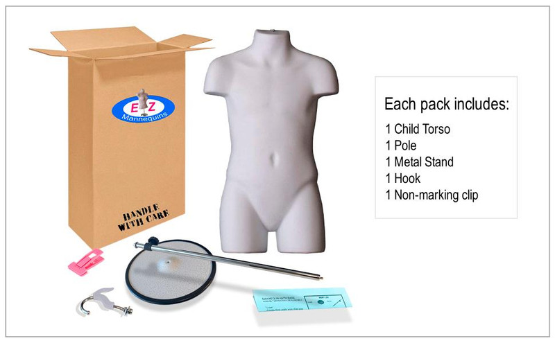 Box contents: white child torso mannequin, metal base, adjustable pole, double hook and clips