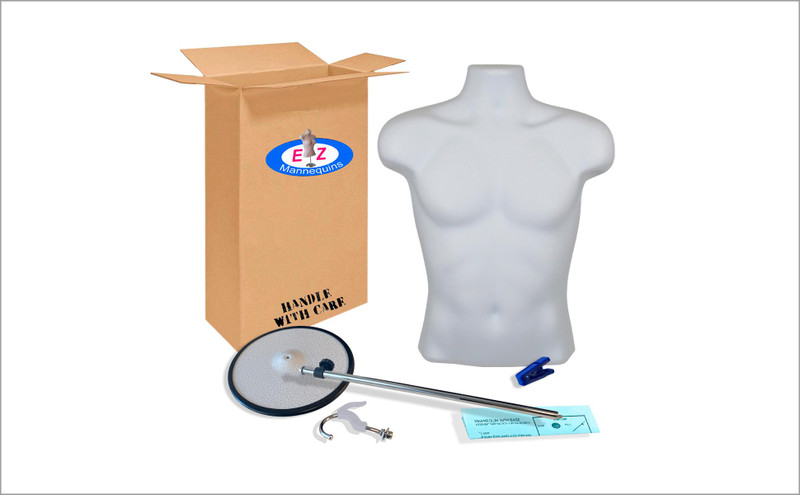 Box contents: white male torso mannequin, metal base, adjustable pole, double hook and clips