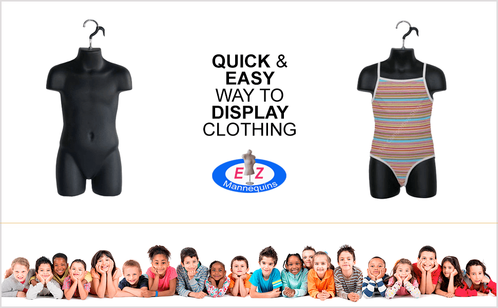 Black child torso mannequin hanging from its double hook