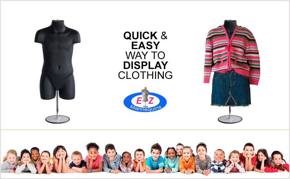 Black child torso mannequin displayed on its adjustable metal base