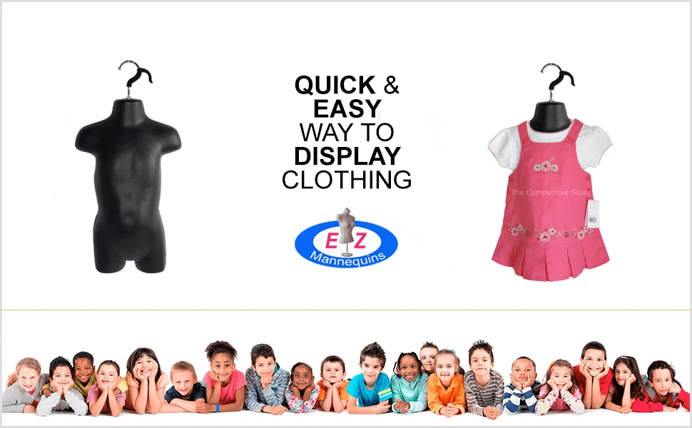 Black toddler torso mannequin hanging from its double hook