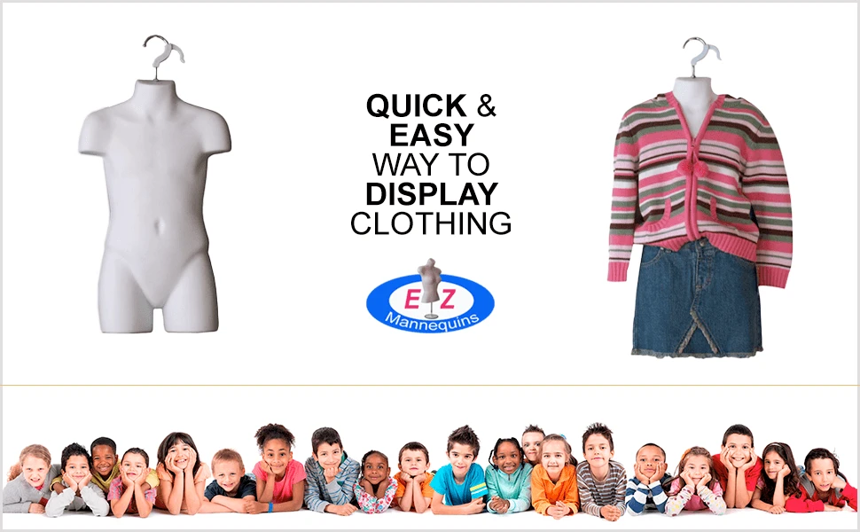 White child torso mannequin hanging from its double hook