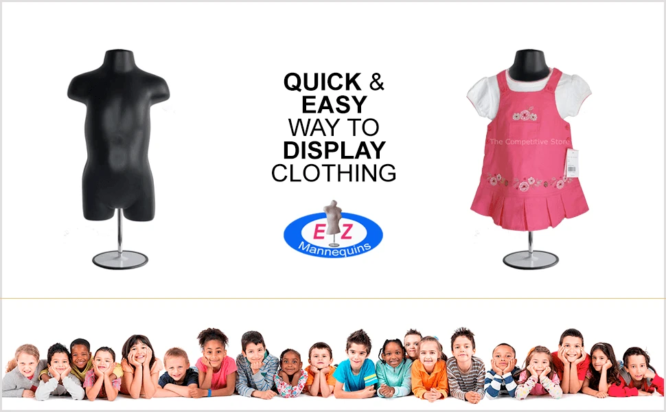 Black toddler torso mannequin displayed on its adjustable metal base