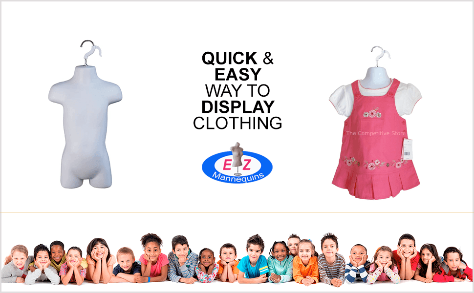 White toddler torso mannequin hanging from its double hook