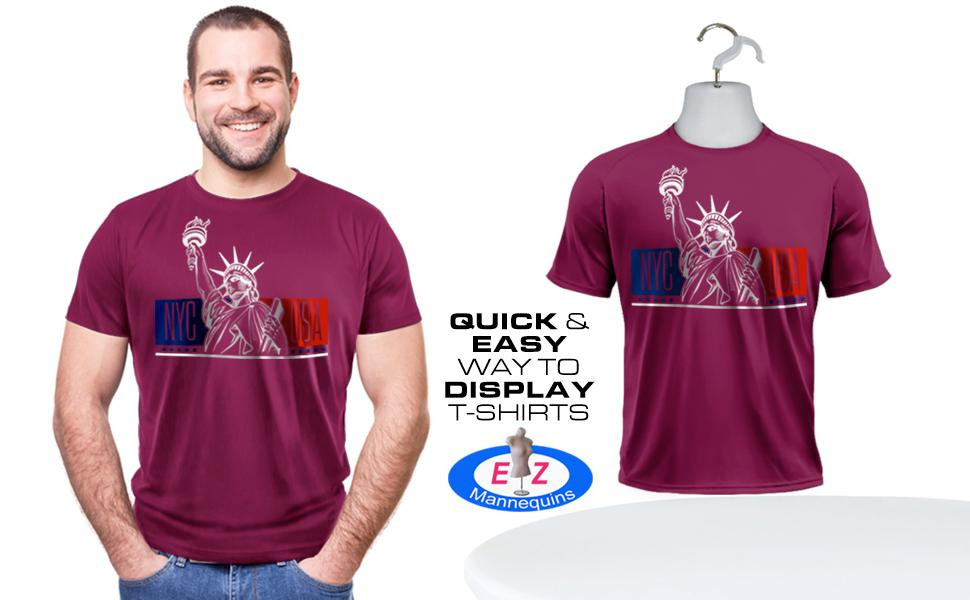 White male hanging mannequin torso displaying a t-shirt