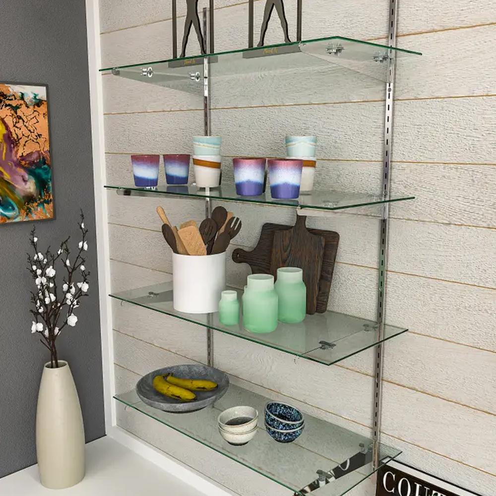 tempered glass shelves of 3/16 inches thick are holding items on a slotted panel