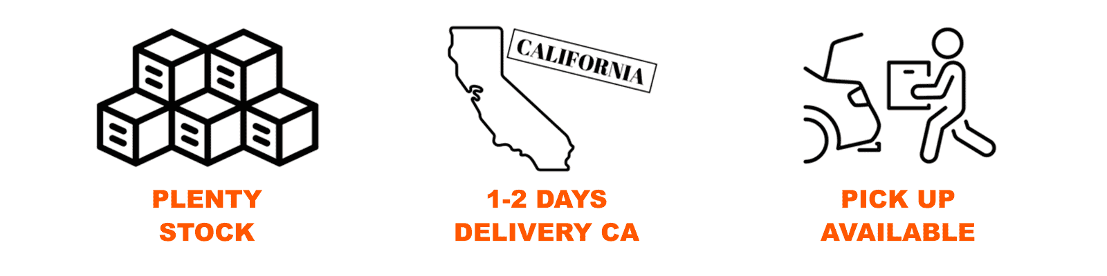 plenty stock, 1-2 days delivery in CA, pick up available