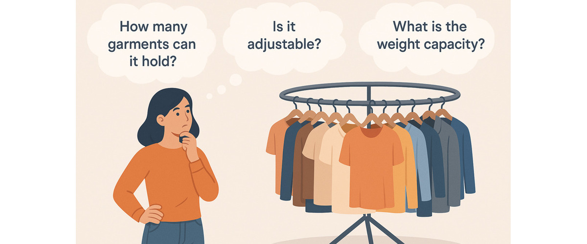 Woman browsing a round clothing rack with thought bubbles showing common customer questions about display racks, adjustability, and stability