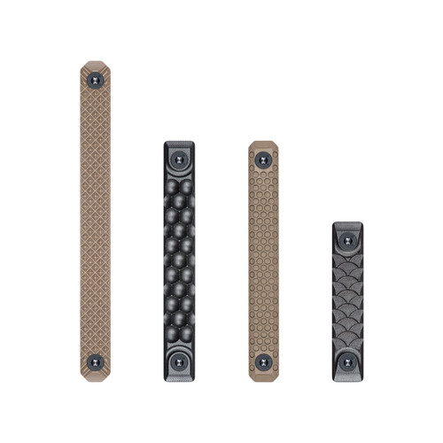 RailScales® TerraCore® RailScales® and Black FR4 RailScales® for M-LOK Rail Systems in 2-Slot, 3-Slot, and 4-Slot M-LOK Lengths