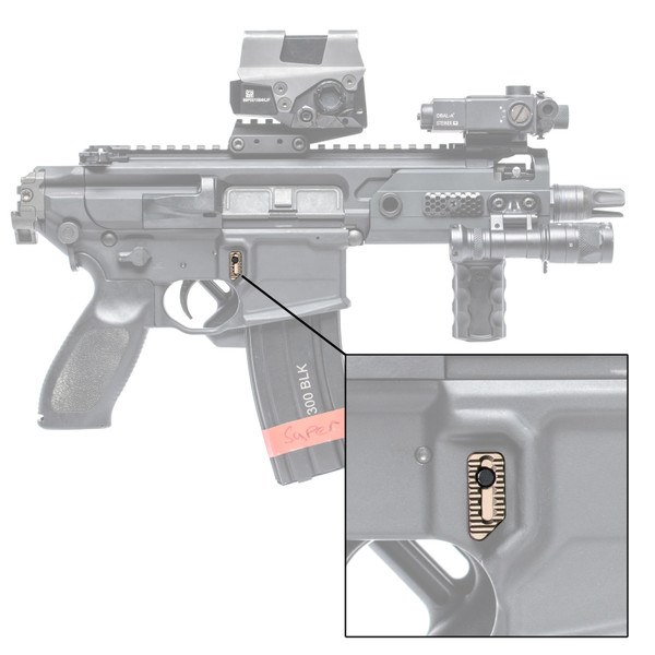 RailScales MCX CSMR® Magazine Release Button in Terra Bronze®, Knuckle Duster™ & RSB/M® Kit, 1-Slot MiniDot Black FR4® G10 Solo's™ M-LOK Scales | Sig Sauer MCX Rattler 5.5" 300BLK w/ Clutch-Lok Flash Hider, Romeo8T RDS on Unity Tactical FAST Riser, Steiner DBAL-A3 Laser, Poi Tac ST-MCX Sling Mount, Surefeed Gen 1 30rd 300BLK Magazine.